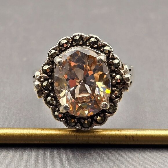 CW Sterling Silver Peach Tourmaline & Marcasite Halo Cathedral Ring Size 7 7.98g - Picture 13 of 13